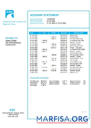 Downloadable China Industrial and Commercial Bank of China bank statement template
